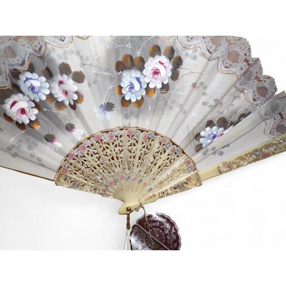 Abanicos Giner Hand Painted Fan Flowers Lace Trim Hand Fan Vintage 60 -70's - Picture 3 of 5